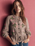 Cable Knitted Cardigan Mink Melange, Embroidery
