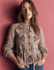 Cable Knitted Cardigan Mink Melange, Embroidery