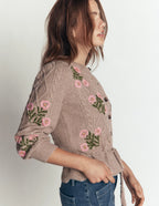 Cable Knitted Cardigan Mink Melange, Embroidery