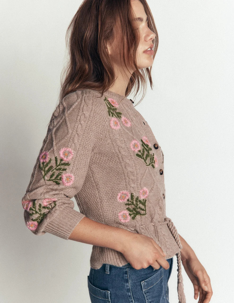 Cable Knitted Cardigan Mink Melange, Embroidery