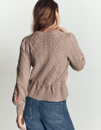Cable Knitted Cardigan Mink Melange, Embroidery