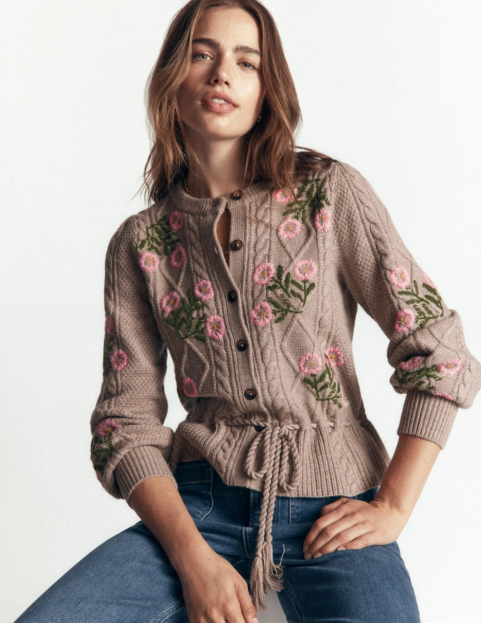 Cable Knitted Cardigan Mink Melange, Embroidery