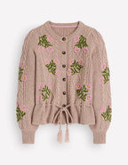 Cable Knitted Cardigan Mink Melange, Embroidery