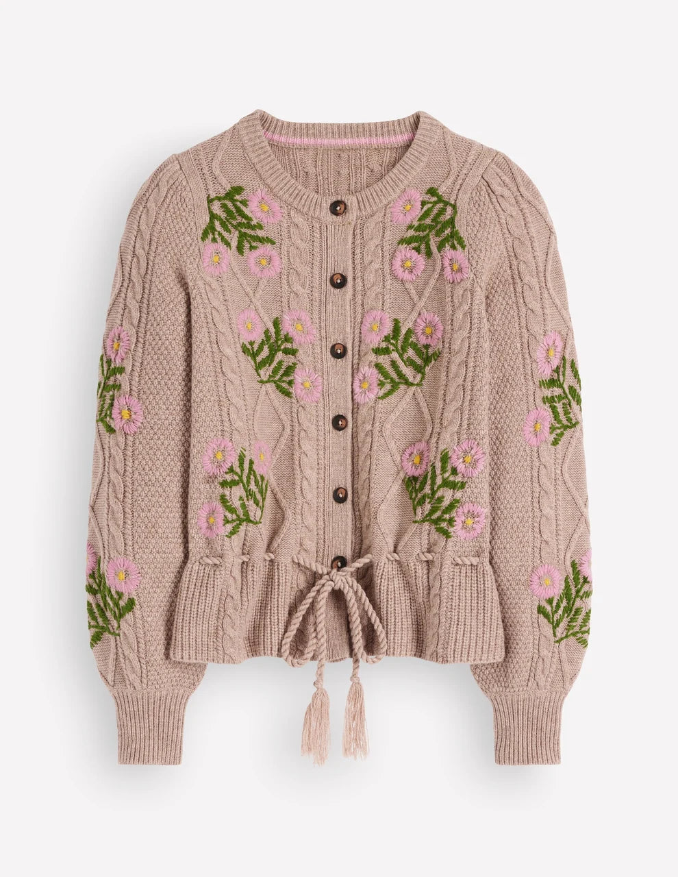 Cable Knitted Cardigan Mink Melange, Embroidery