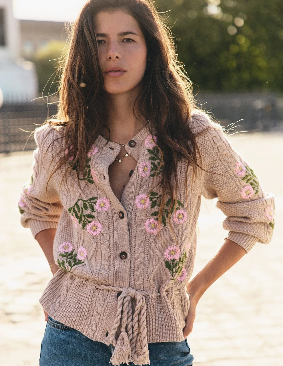 Cable Knitted Cardigan Mink Melange, Embroidery