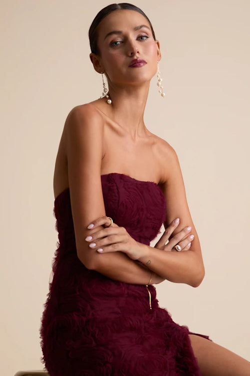 Amalia Burgundy Textured Strapless Maxi Dress