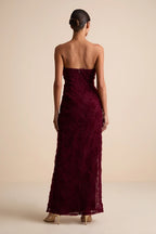 Amalia Burgundy Textured Strapless Maxi Dress