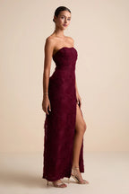 Amalia Burgundy Textured Strapless Maxi Dress