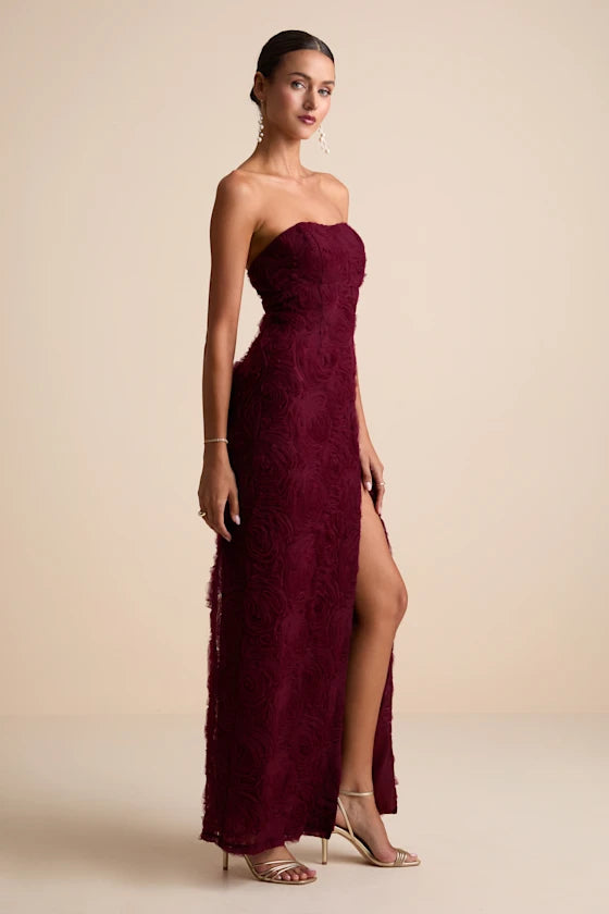 Amalia Burgundy Textured Strapless Maxi Dress