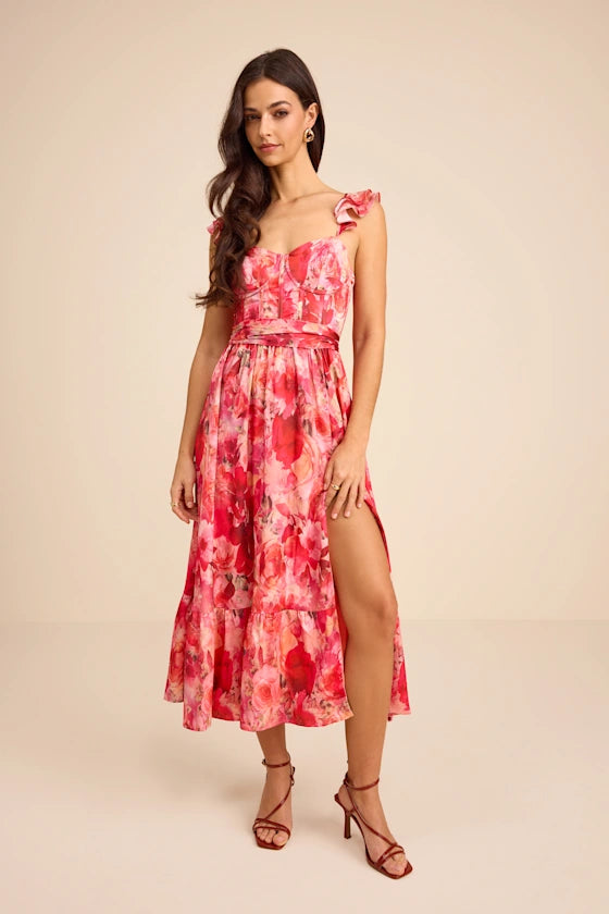 Pink Bustier Dress - Floral Bustier Dress - Slit Midi Dress