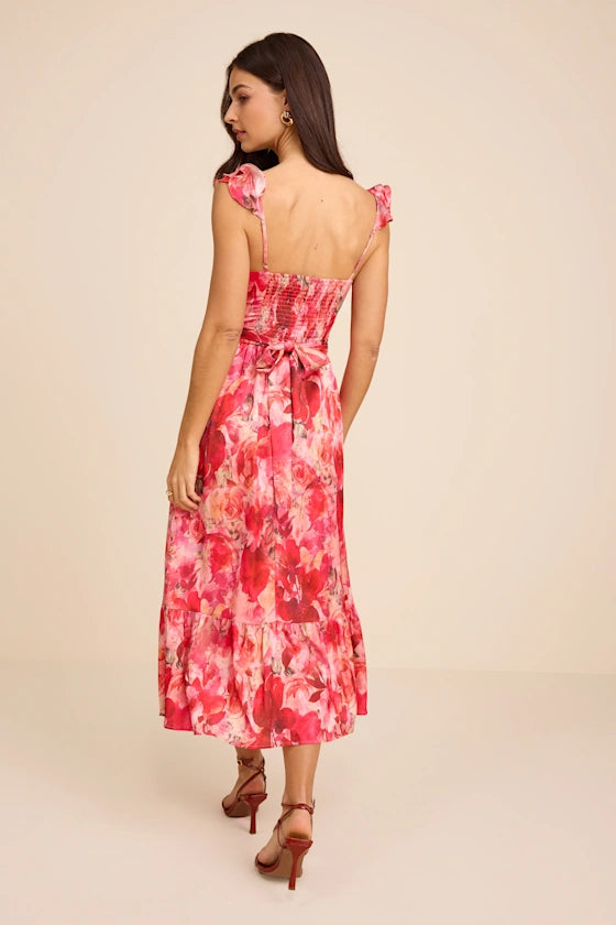 Pink Bustier Dress - Floral Bustier Dress - Slit Midi Dress