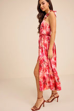 Pink Bustier Dress - Floral Bustier Dress - Slit Midi Dress