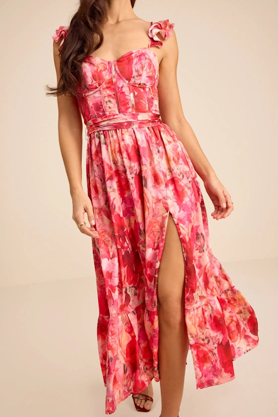 Pink Bustier Dress - Floral Bustier Dress - Slit Midi Dress