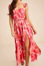 Pink Bustier Dress - Floral Bustier Dress - Slit Midi Dress