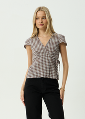 AFENDS Womens Loula - Seersucker Wrap Top - Coffee Check