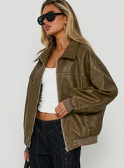 Goldsmith Faux Leather Bomber Jacket Washed Brown