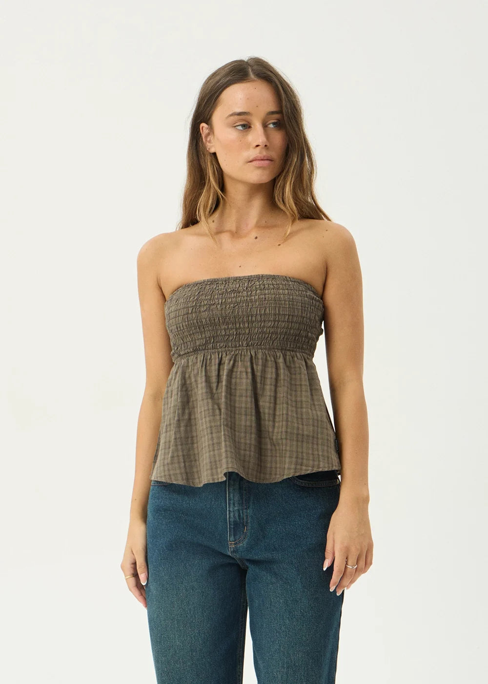AFENDS Womens Mina Shadow - Strapless Top - Stone Check