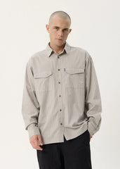 AFENDS Mens Lennox - Oversized Long Sleeve Shirt - Olive Stripe