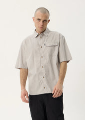 AFENDS Mens Lennox - Short Sleeve Shirt - Olive Stripe