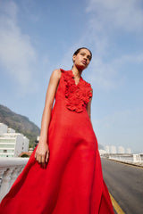 Red 3d Flower Euroflax  Maxi Dress