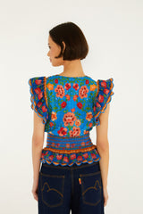 Bright Blue Rococo Flowers Blouse