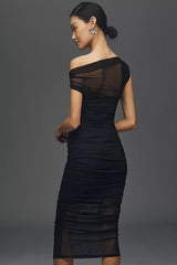 Loretta Off-Shoulder Mesh Slim Midi Dress