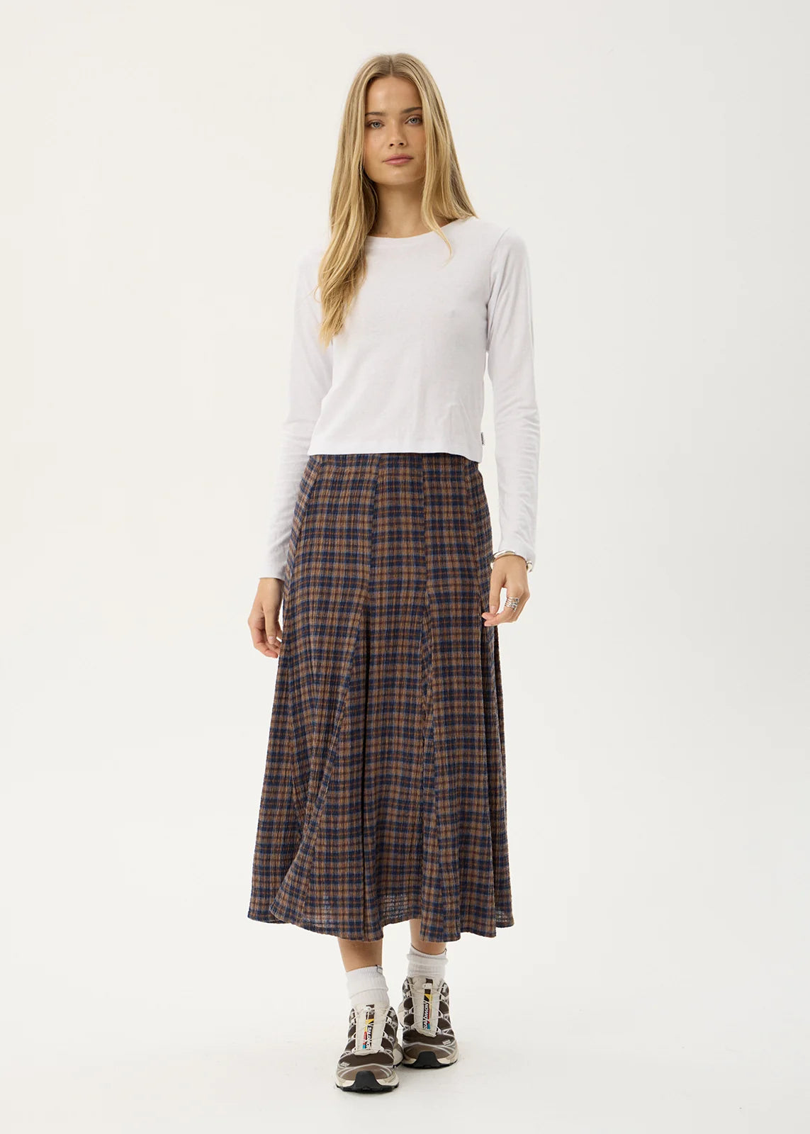 AFENDS Womens Lana - Seersucker Midi Skirt - Shev Indigo Check