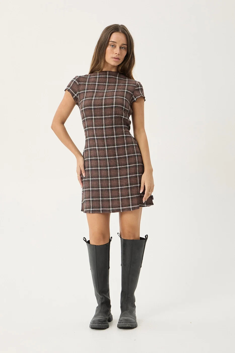 AFENDS Womens Elodie - Seersucker Mini Dress - Reverie Coffee Check