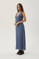 AFENDS Womens Tully - Seersucker Maxi Dress - Mountains Navy Red Check