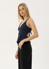 AFENDS Womens Etta - Strappy Seersucker Top - Thea Midnight Check