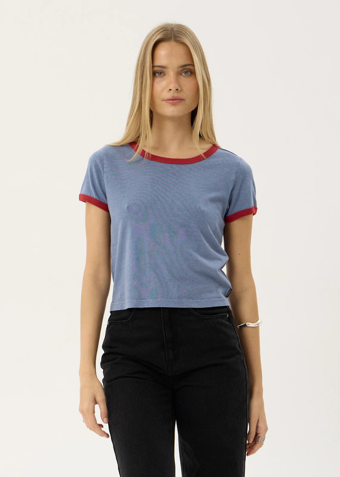 AFENDS Womens Carmen - Baby Ringer Tee - Slate Blue / Ketchup
