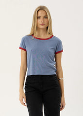 AFENDS Womens Carmen - Baby Ringer Tee - Slate Blue / Ketchup