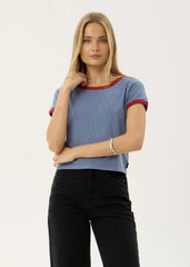 AFENDS Womens Carmen - Baby Ringer Tee - Slate Blue / Ketchup