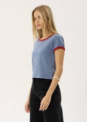 AFENDS Womens Carmen - Baby Ringer Tee - Slate Blue / Ketchup