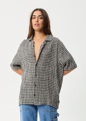 AFENDS Mens Asta - Seersucker Cuban Shirt - Steel Check