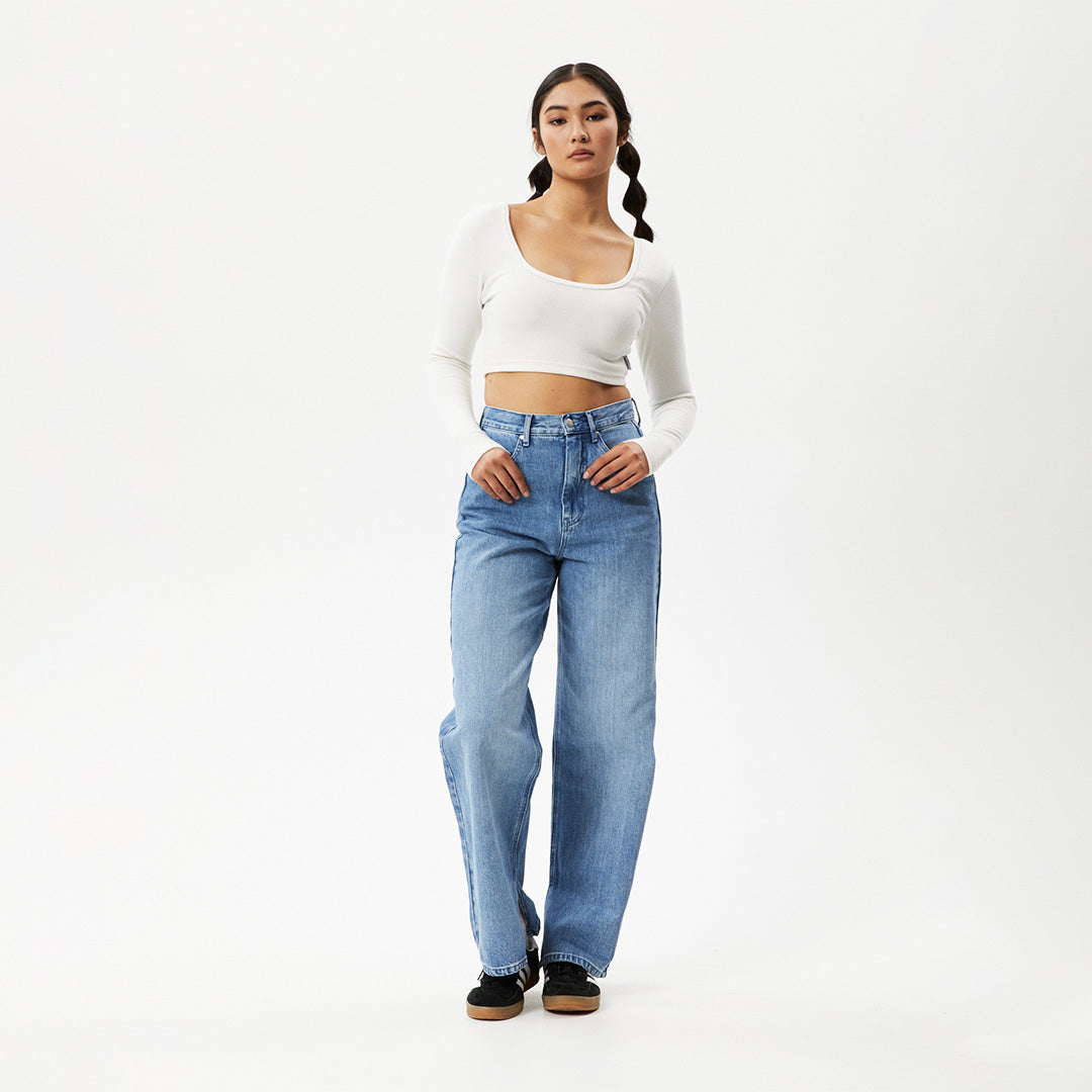 AFENDS Womens Milla - Rib Long Sleeve Cropped Top - Off White