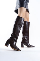 Brown Crocodile Effect Knee Block Heel High Boots