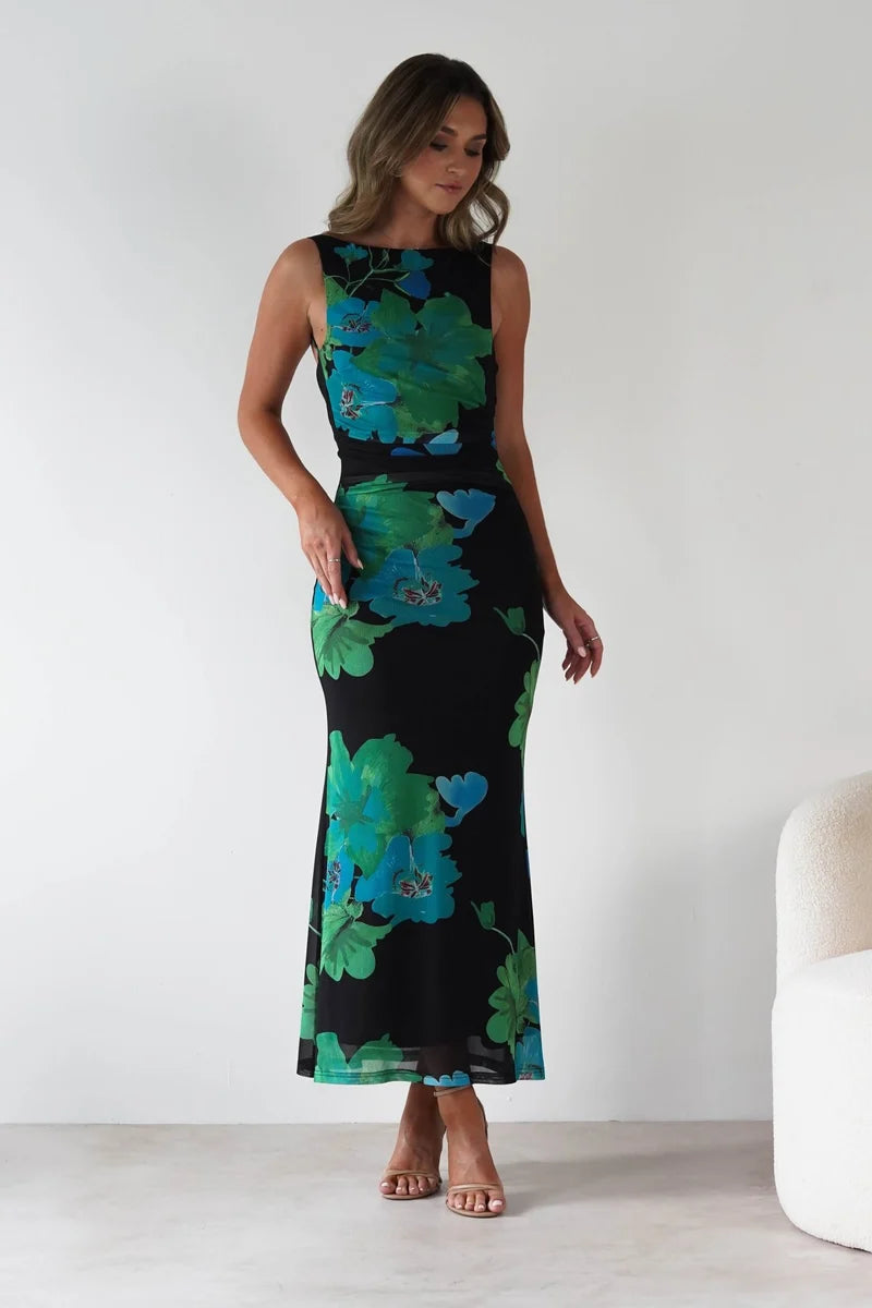 Elysia Bodycon Mesh Maxi Dress | Black/Green