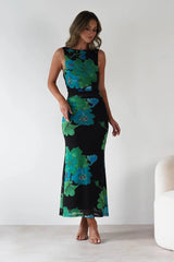 Elysia Bodycon Mesh Maxi Dress | Black/Green