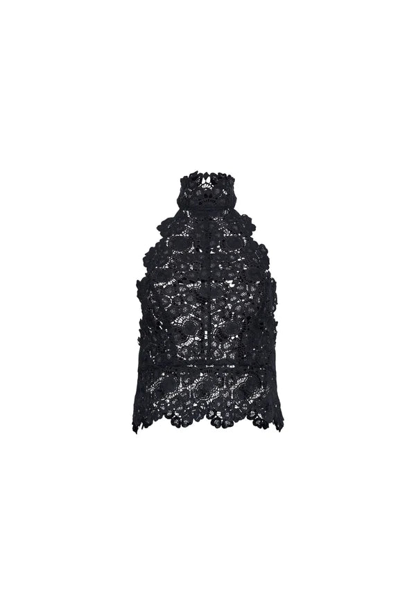 LIONESS Black Lace Halter Top - Sheer Backless Going Out Top