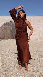 Esther One Shoulder Long Sleeve Dress - Brown