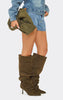 Cave Pointed Toe Slouched Detail Knee High Boot In Beige Faux Suede