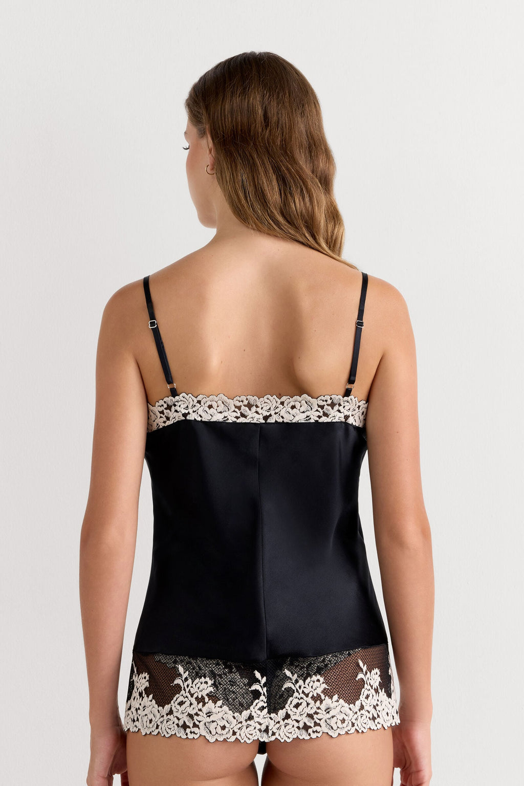 Pretty Flowers Thin Strap Silk Tank Top - Black / Ivory