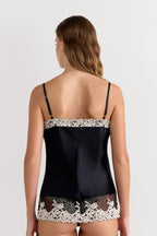 Pretty Flowers Thin Strap Silk Tank Top - Black / Ivory