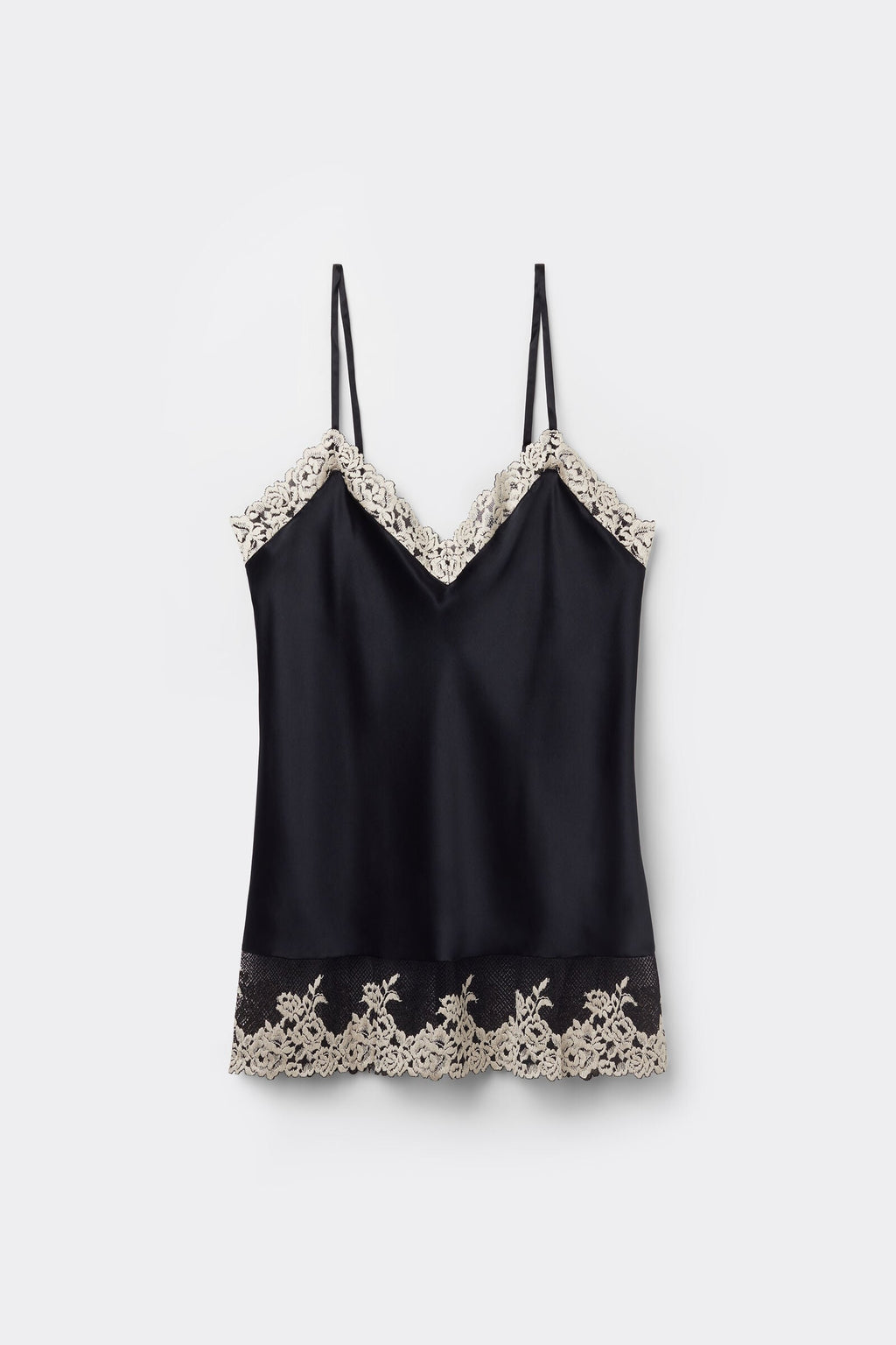 Pretty Flowers Thin Strap Silk Tank Top - Black / Ivory