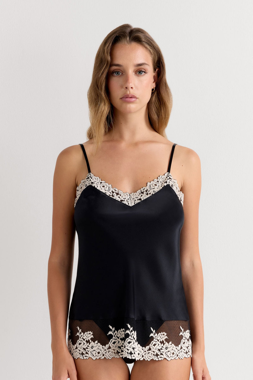 Pretty Flowers Thin Strap Silk Tank Top - Black / Ivory