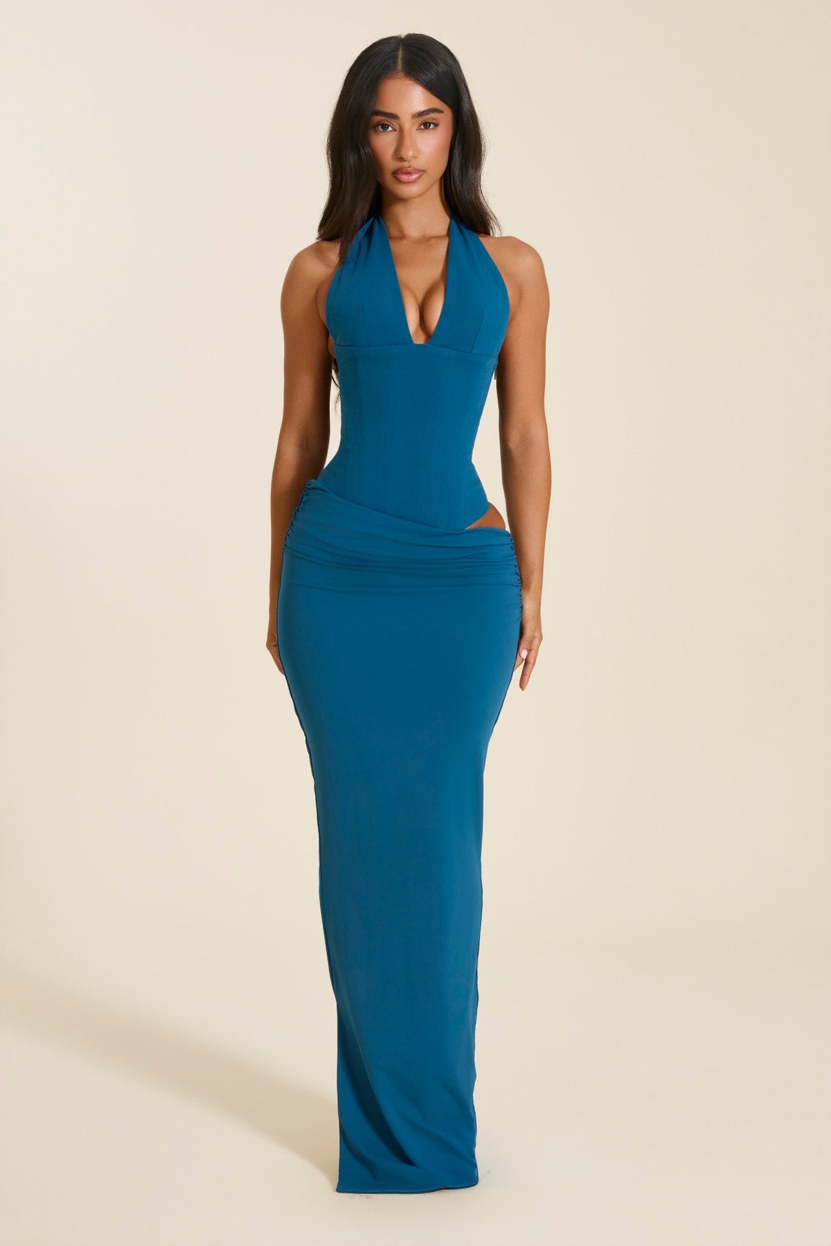 The Ella Halter Neck Corset Top in Atlantic Blue