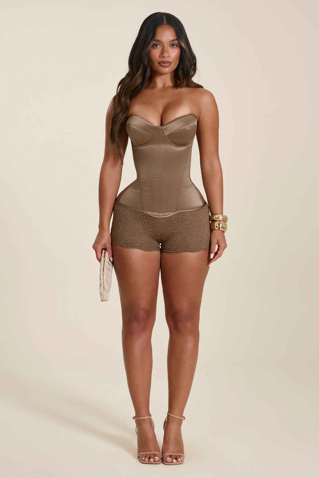 The Sasha Satin Corset Top in Soft Brown