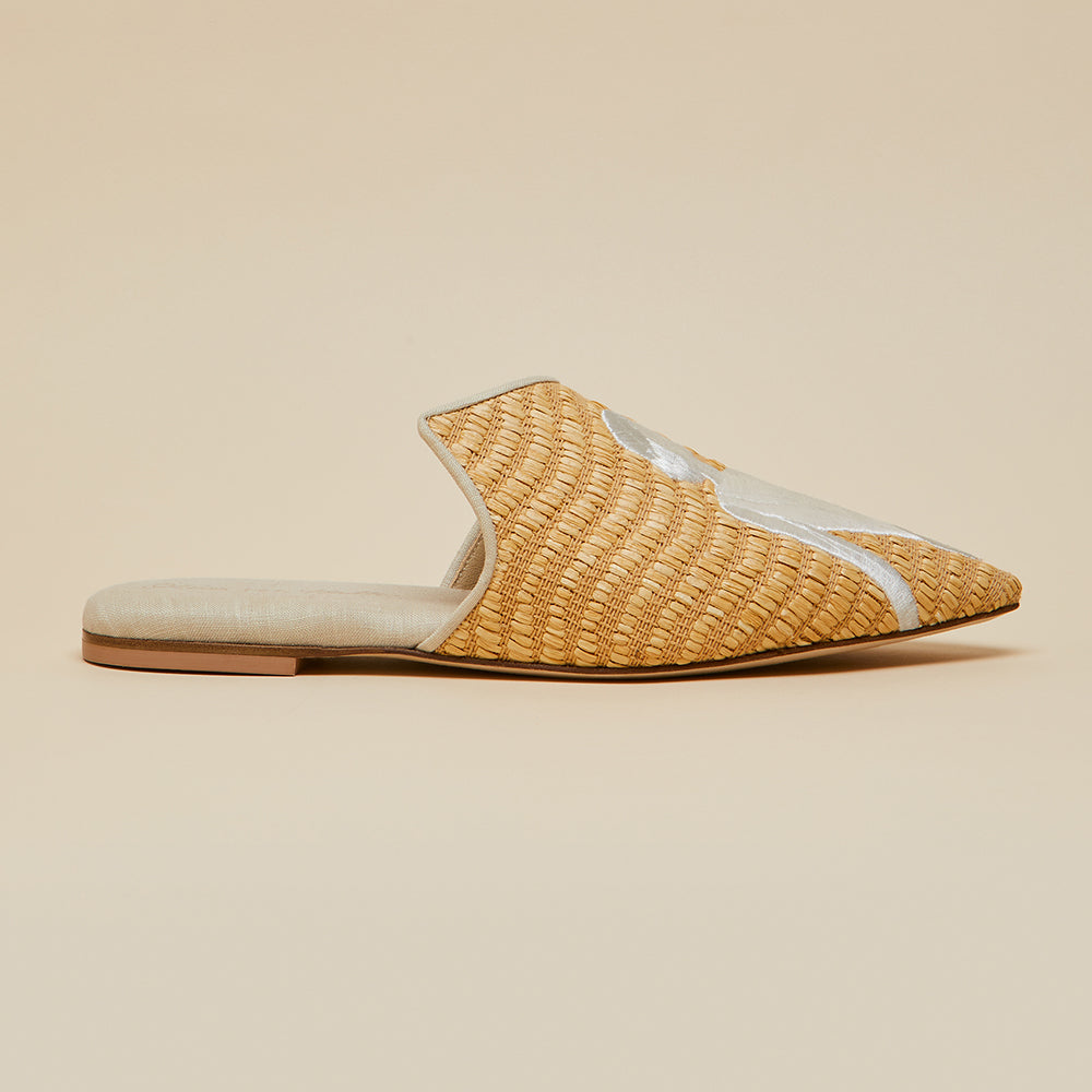 Contessa Viola Beige Embroidered Slippers in Raffia