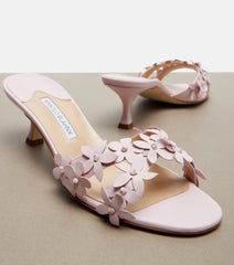 Manolo Blahnik Anista Floral-Appliqué Leather Mules In Pink